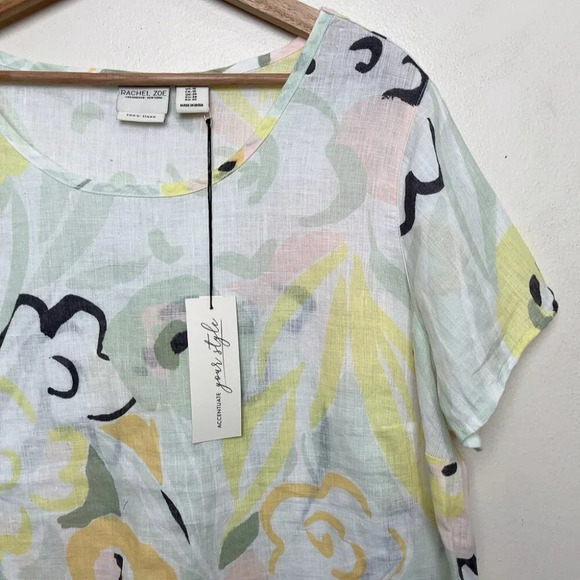 Rachel Zoe Womens 1X Linen Non Stretch Short Sleeve Floral Blouse - Picture 4 of 11
